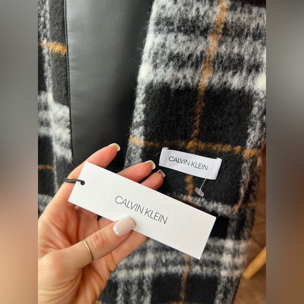 NWT Calvin Klein Plaid Faux-Leather-Pocket Walker Coat Wool Blend Black XXS - Picture 7 of 16